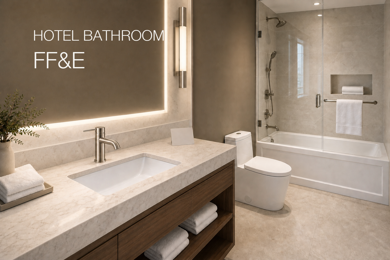 Bright hotel model-room bathroom with a vanity and undermount basin, skirted toilet, and tub-shower behind clear glass.