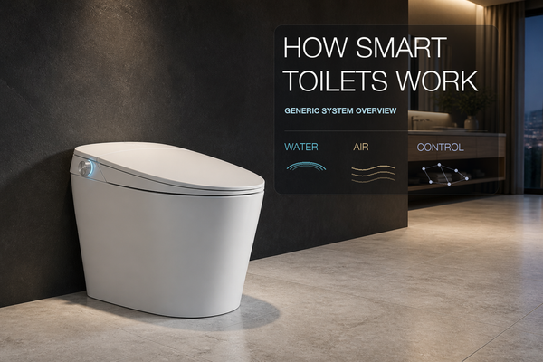 Complete opaque smart toilet in a dark contemporary bathroom beside a detached panel labeled Water, Air, and Control.