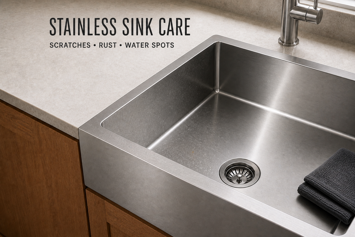 Brushed stainless steel apron-front sink with visible water spots and fine surface marks, a drain strainer, and folded dark cloth, titled Stainless Sink Care: Scratches, Rust, Water Spots.