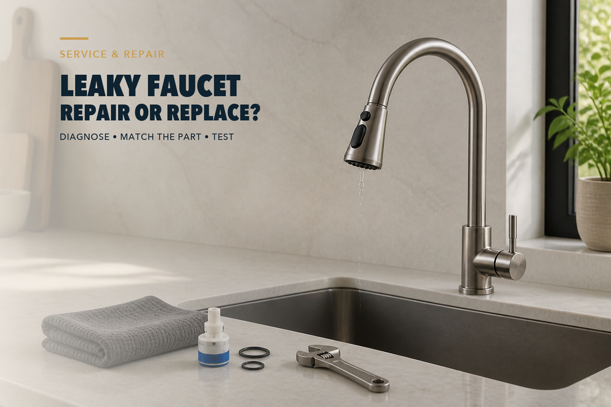 Brushed-nickel kitchen faucet dripping over an undermount sink, with a cartridge, two O-rings, service cloth, and adjustable wrench on the counter.