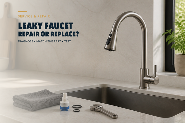 Brushed-nickel kitchen faucet dripping over an undermount sink, with a cartridge, two O-rings, service cloth, and adjustable wrench on the counter.