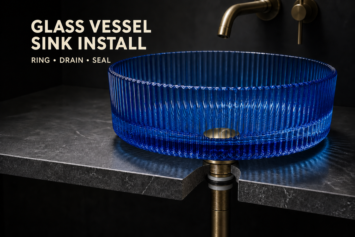 Cobalt-blue fluted glass vessel sink on a dark countertop cutaway, with its drain and tailpiece visible below.