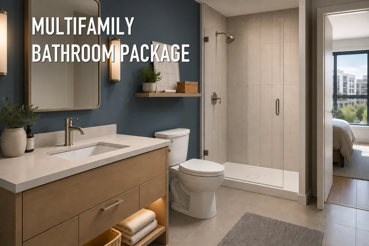 Contemporary apartment bathroom with a light-wood vanity, undermount basin, single-hole faucet, two-piece toilet, and glass-enclosed shower.