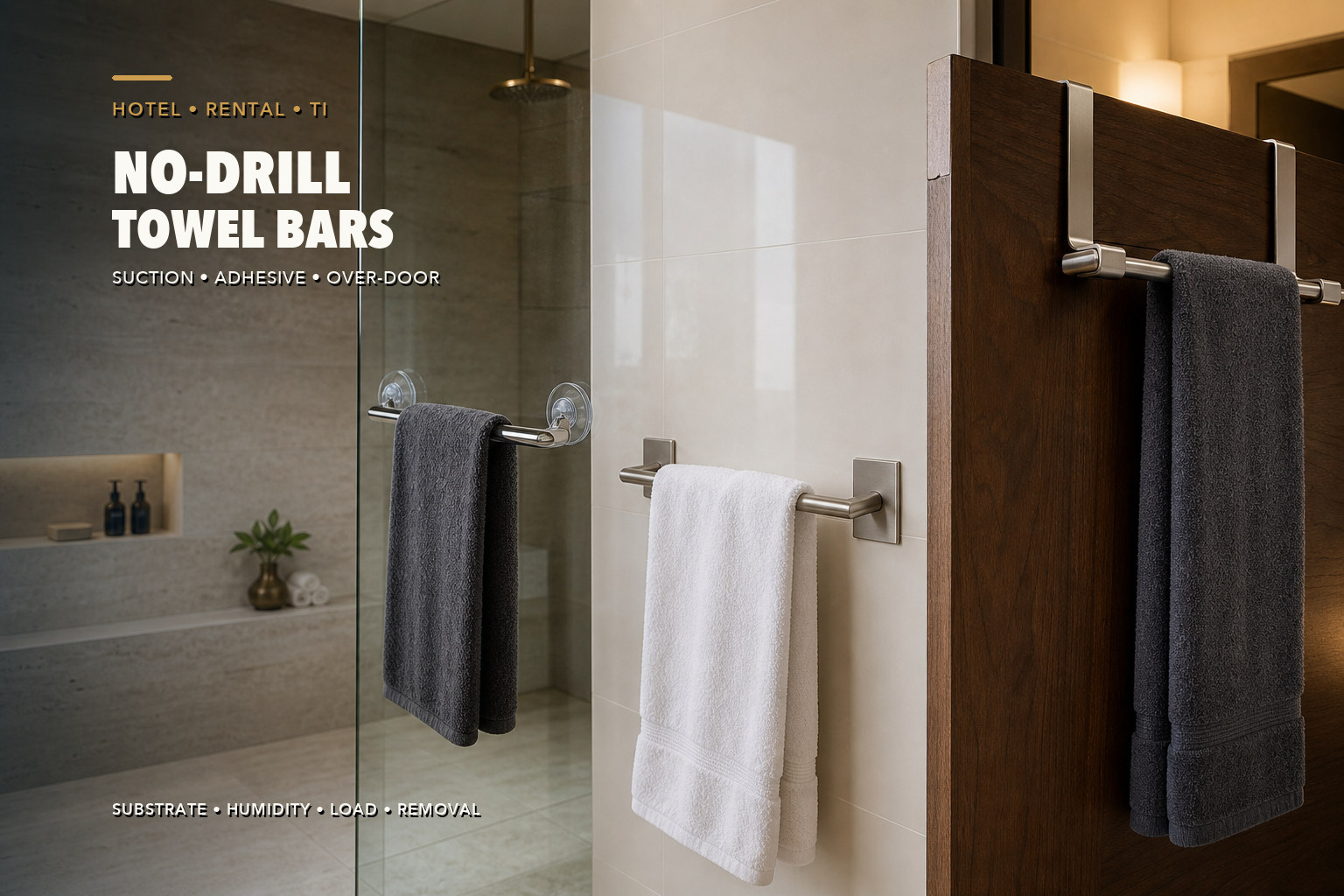 Hotel-bathroom comparison of suction-cup, adhesive-plate, and over-door towel bars mounted on glass, tile, and a wood door.