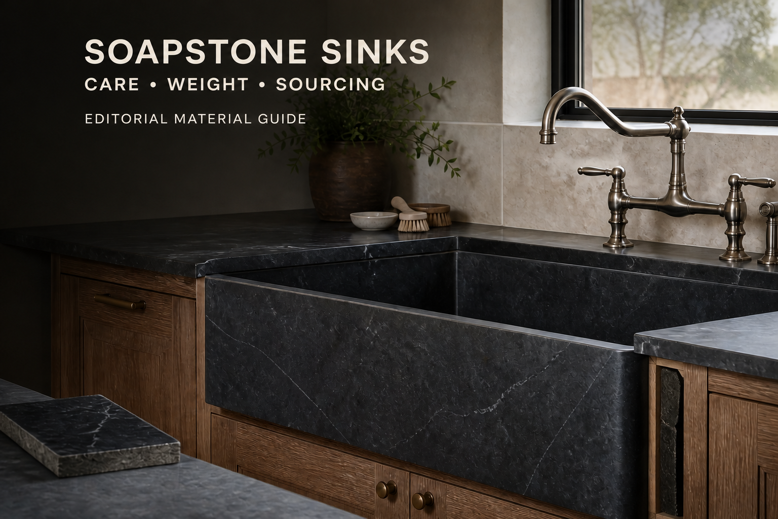 Dark soapstone apron-front kitchen sink with honed veining in wood cabinetry, labeled Editorial Material Guide.
