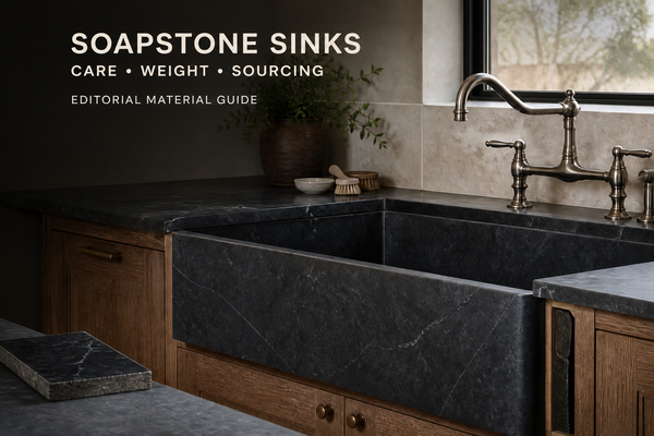Dark soapstone apron-front kitchen sink with honed veining in wood cabinetry, labeled Editorial Material Guide.