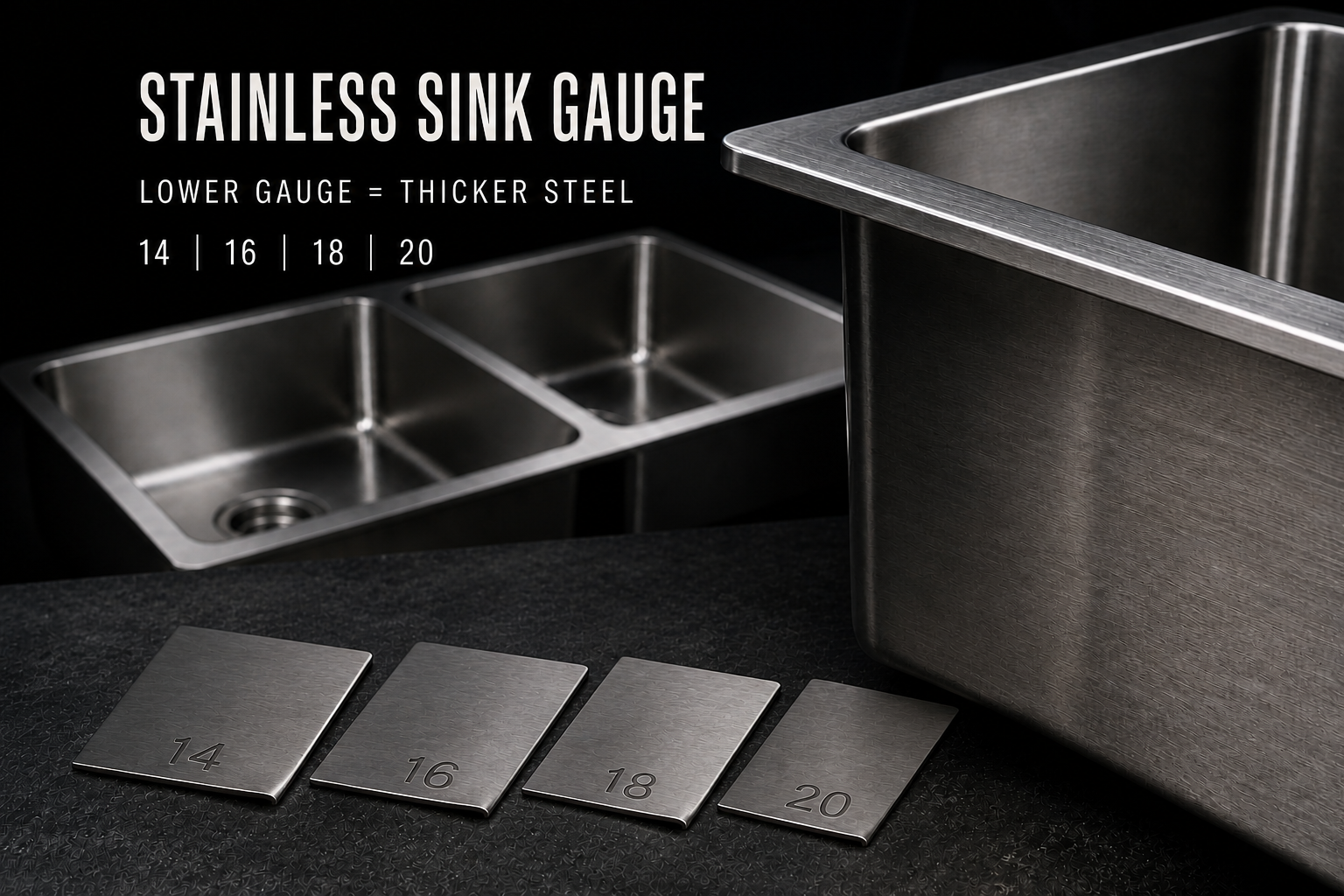 Stainless steel sink and four thin metal coupons labeled 14, 16, 18, and 20, with the heading Lower Gauge = Thicker Steel.