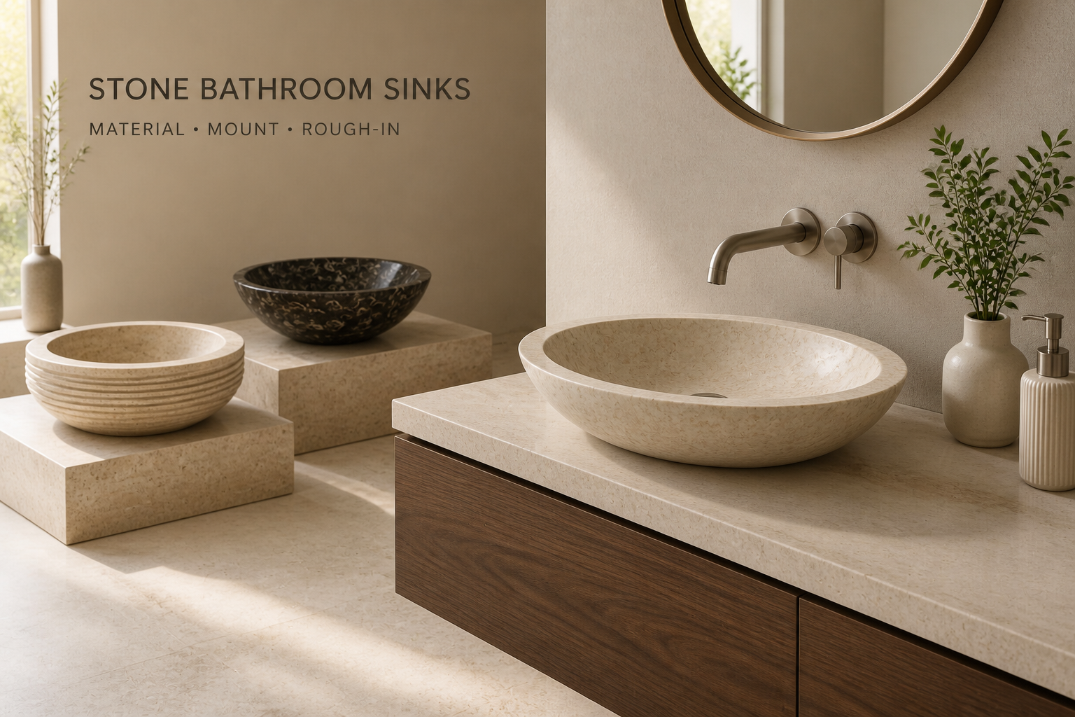 Natural-stone bathroom display with a beige vessel sink on a dark-wood vanity and two additional stone basins shown on plinths.