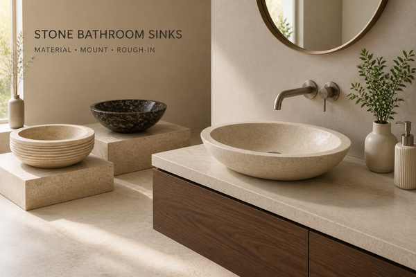 Natural-stone bathroom display with a beige vessel sink on a dark-wood vanity and two additional stone basins shown on plinths.