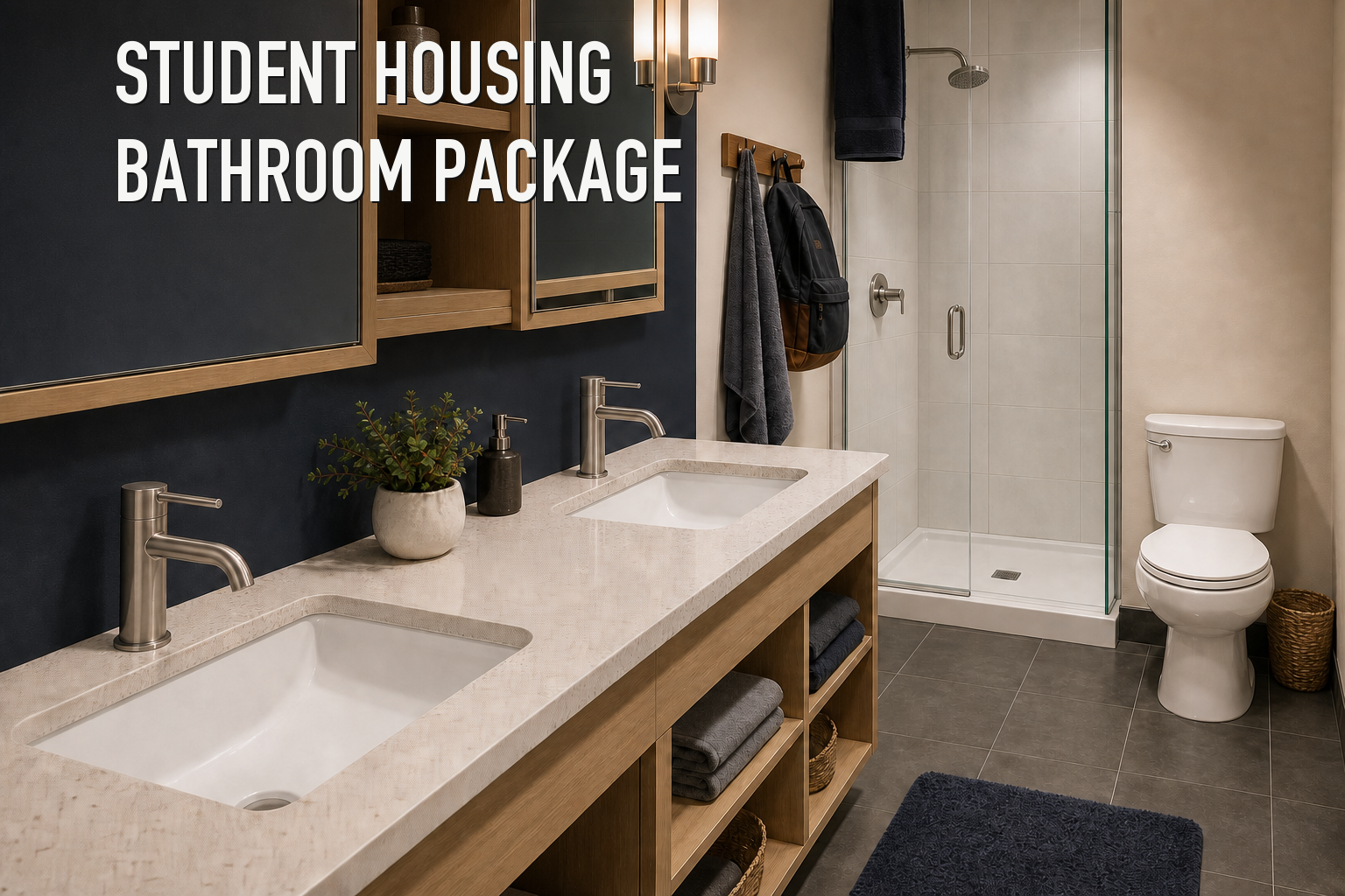 Student-housing bathroom with a coordinated double vanity, two single-hole faucets, undermount basins, a two-piece toilet, and a glass-enclosed shower.