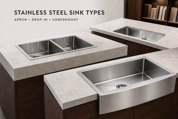 Three stainless steel kitchen sinks show apron-front, drop-in, and undermount installations across stone-and-wood counters.