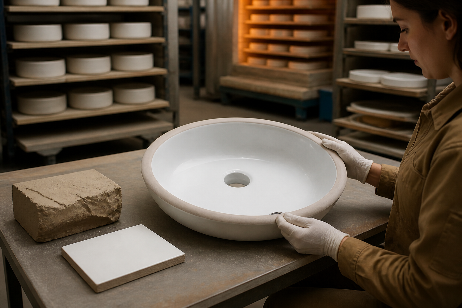 Technician inspecting the glaze finish on a round ceramic bathroom basin