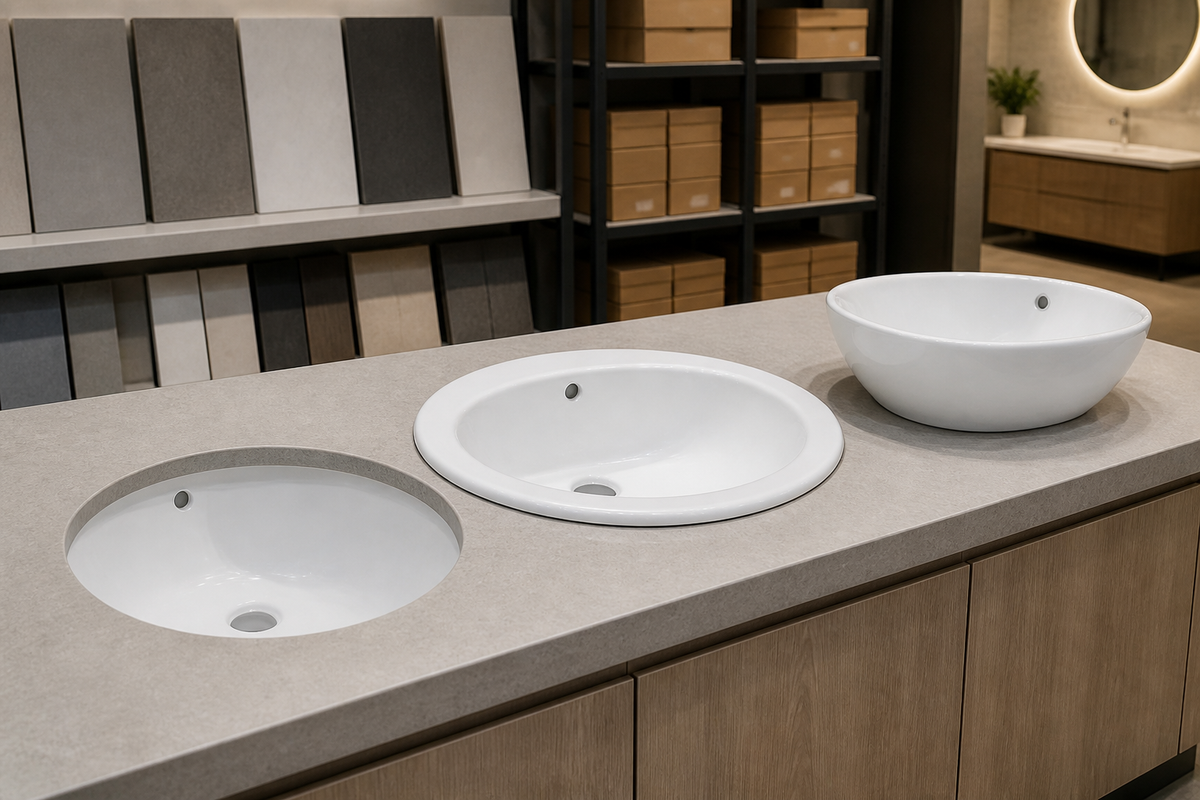 Undermount, drop-in and vessel bathroom sinks compared in a project showroom