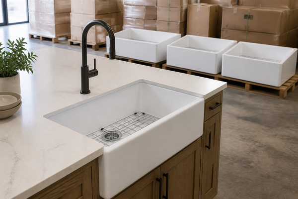 White fireclay apron-front sink with identical units staged for multi-unit projects