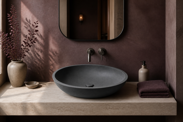 Charcoal oval concrete vessel basin installed on a travertine hospitality vanity