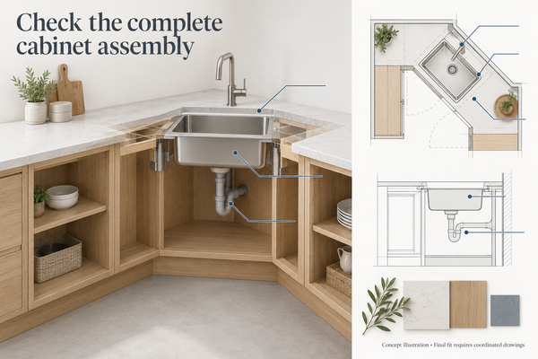Concept cutaway of a corner sink cabinet with a coordinated plan and section; verify cabinet and sink drawings.