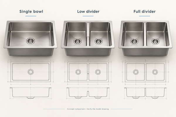 Concept comparison of single-bowl, low-divider and full-divider kitchen sink layouts; verify the selected model drawing.