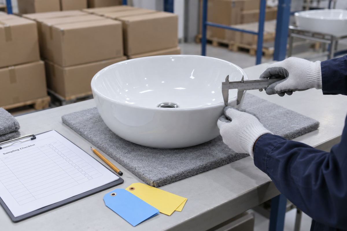 Concept sampling-inspection scene with a ceramic basin, caliper, checklist and shipment cartons.