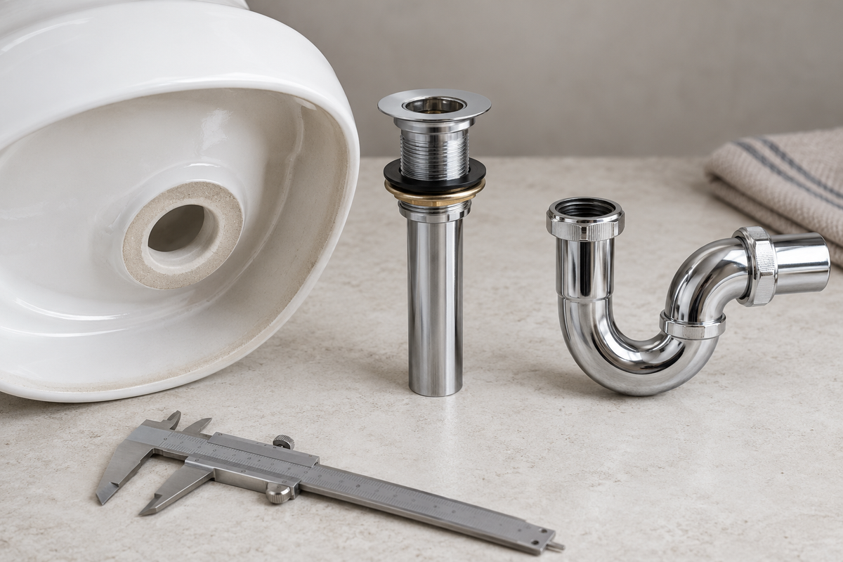 Concept still life of a bathroom basin opening, detached drain tailpiece and P-trap, illustrating different interfaces to measure.