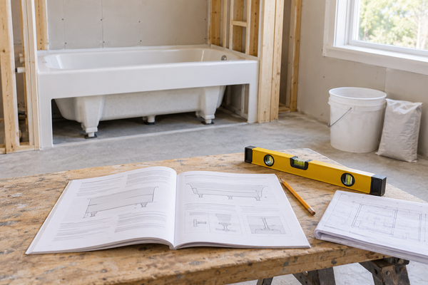 Concept installation-planning scene with a bathtub, support feet and an open manufacturer-style instruction booklet.
