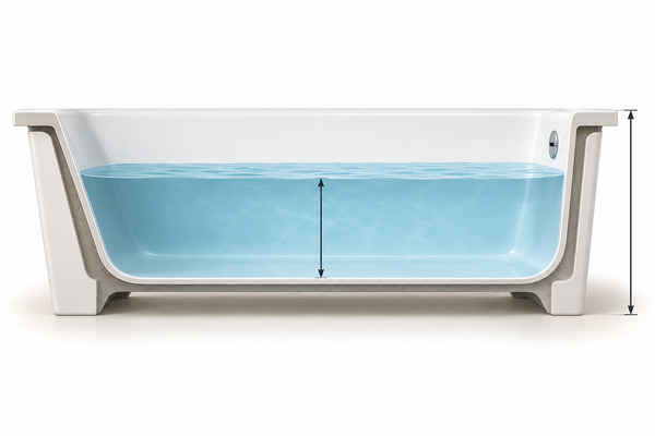 Concept cutaway comparing bathtub water depth from the interior floor with overall exterior height.