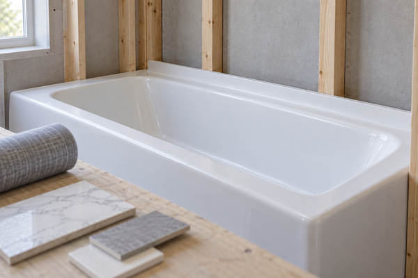 Generic alcove bathtub with a raised wall-side tiling flange and separate finish samples during planning.