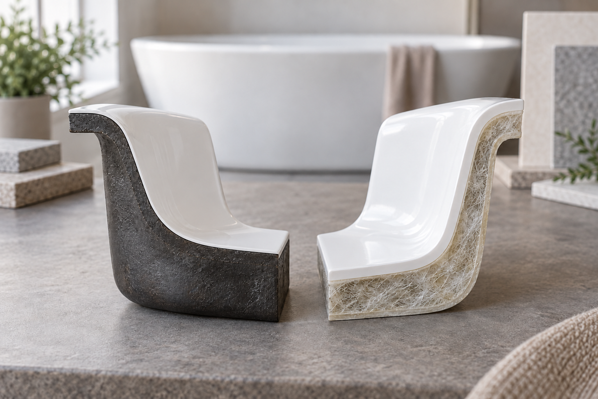 Conceptual enamel-on-metal and reinforced-acrylic bathtub wall samples; layers are illustrative and not to scale.