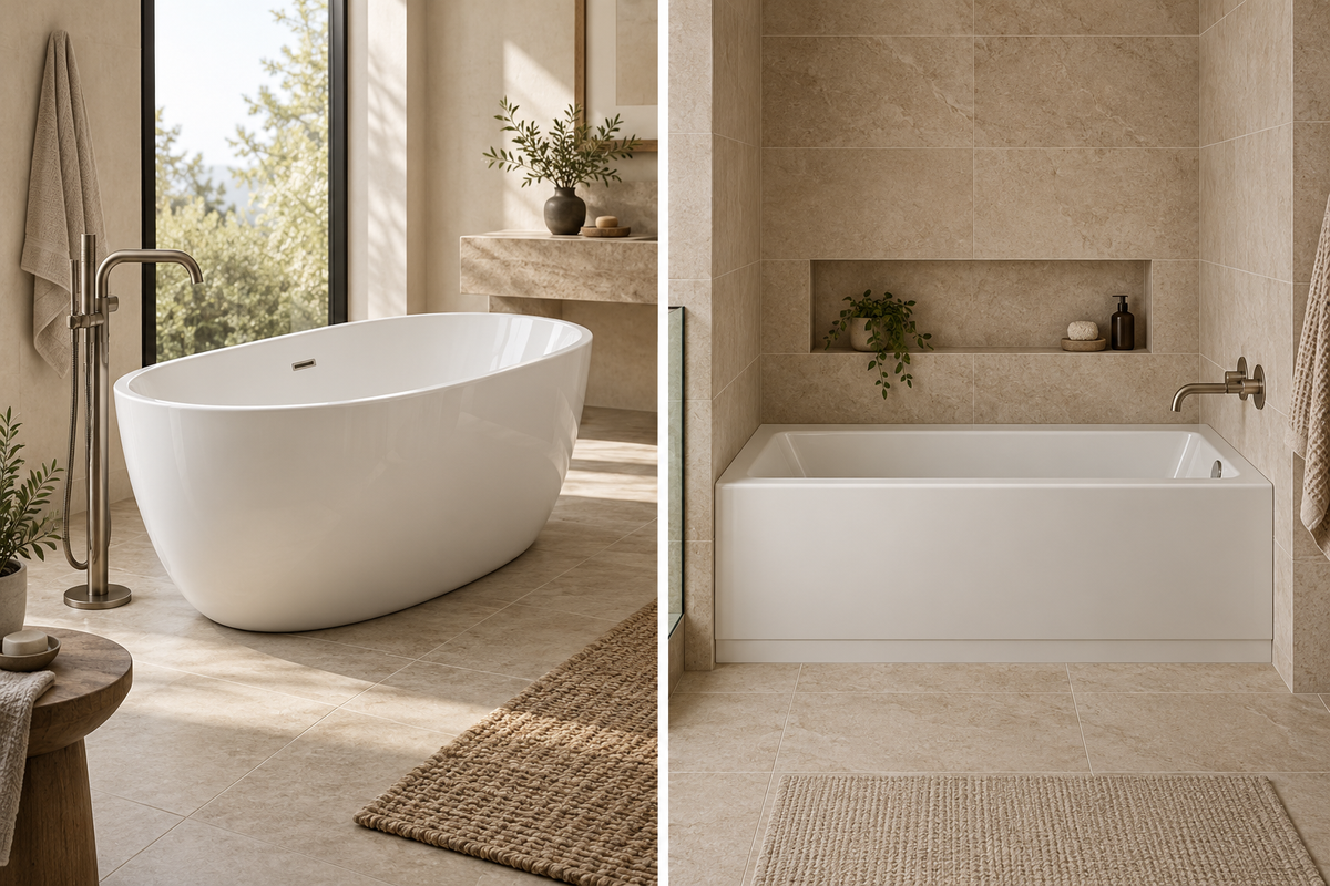 Concept comparison of a freestanding bathtub and a three-wall alcove bathtub.