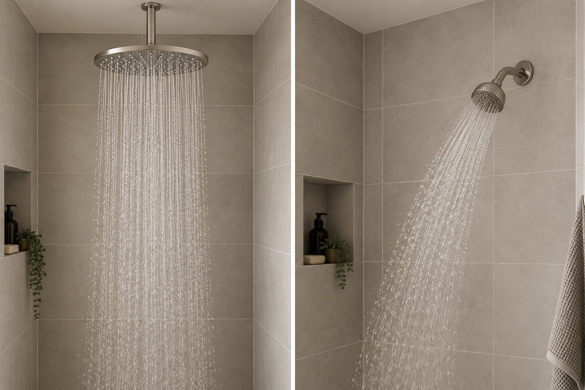 Concept comparison of an overhead rain shower and an angled wall-mounted showerhead, showing different spray coverage.