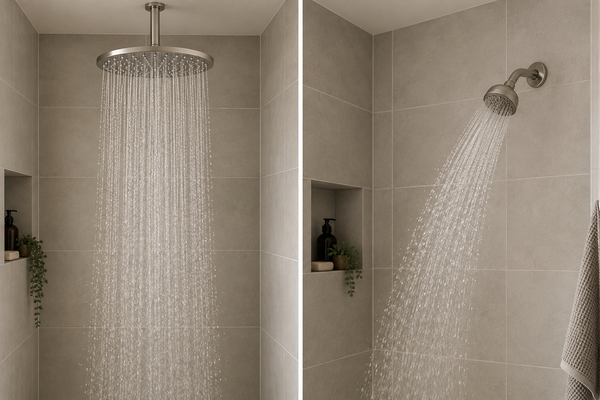 Concept comparison of an overhead rain shower and an angled wall-mounted showerhead, showing different spray coverage.
