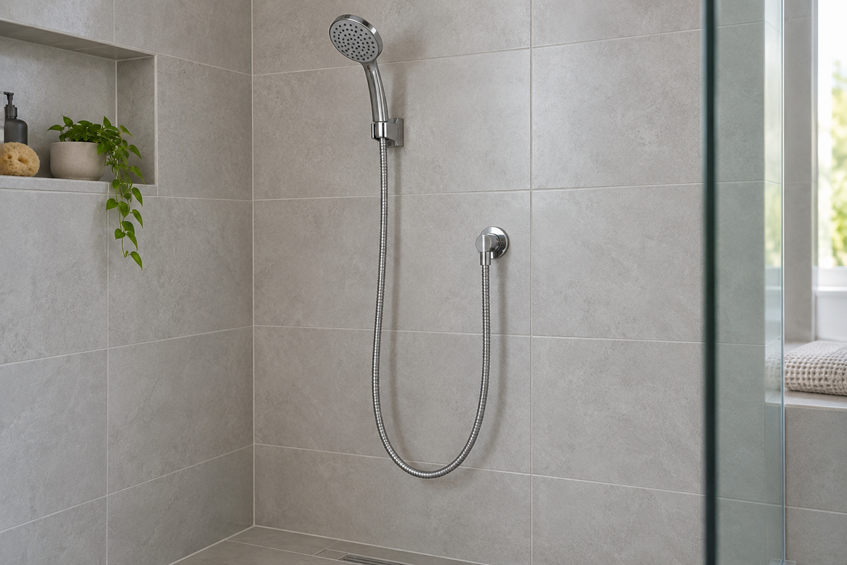 Generic handheld shower connected to a wall outlet with a hanging hose loop that stays above the floor.