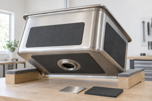 Concept exterior view of a generic stainless steel basin with damping pads, an open drain outlet and separate material samples.