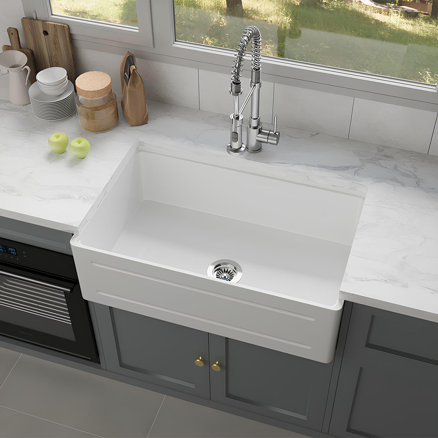 Drop-in fireclay single-bowl kitchen sink in a kitchen scene
