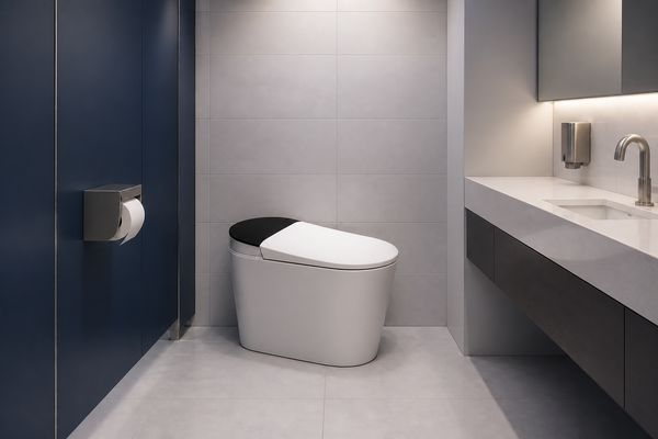 Floor-mounted smart toilet in a commercial single-user restroom coordination mock-up