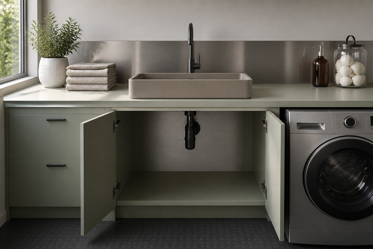 Shallow rectangular concrete vessel basin on a laundry-room countertop beside a washer