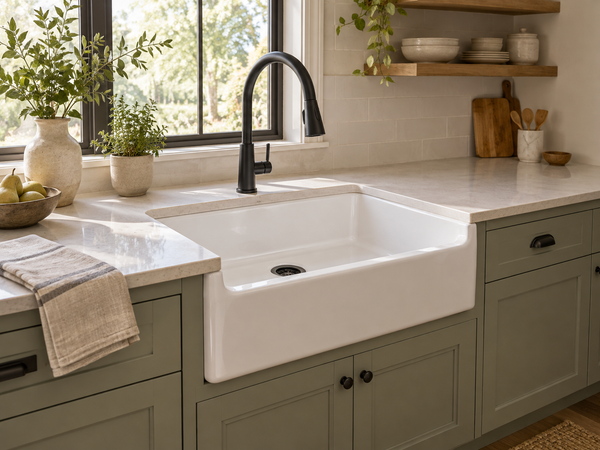 White fireclay farmhouse sink and matte black faucet in a calm sage kitchen with a clear working counter.
