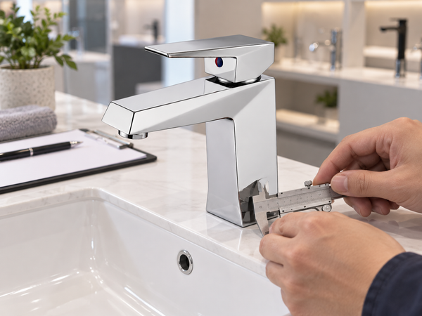 Buyer reviewing a compact single-hole chrome basin faucet sample on a vanity test deck.