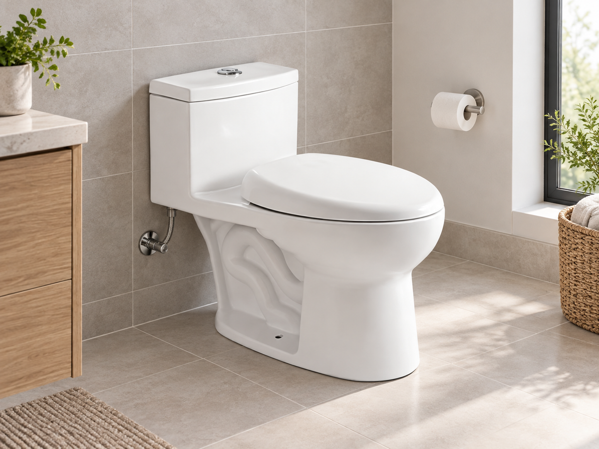 White elongated one-piece dual-flush toilet with a contoured exposed trapway in a guest bathroom.