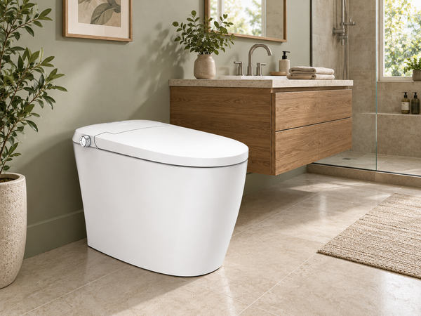 Complete white integrated smart bidet toilet in a contemporary bathroom, showing the closed seat and side control.