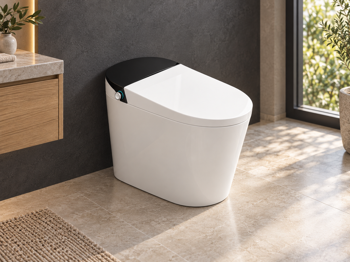White tankless smart toilet with a contrasting black rear upper section in a refined bathroom.