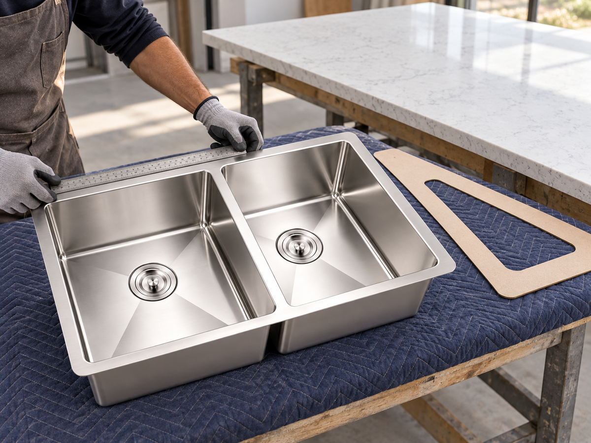 Fabricator measuring a double-bowl stainless undermount sink beside a quartz slab and physical cutout template.