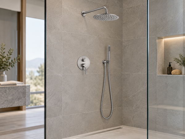 Concealed round rain shower with a round control plate and handheld wand installed in a tiled hotel shower.