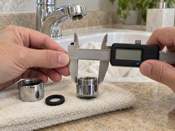 Digital caliper measuring the external threads of a removed male faucet aerator on a protected vanity counter.