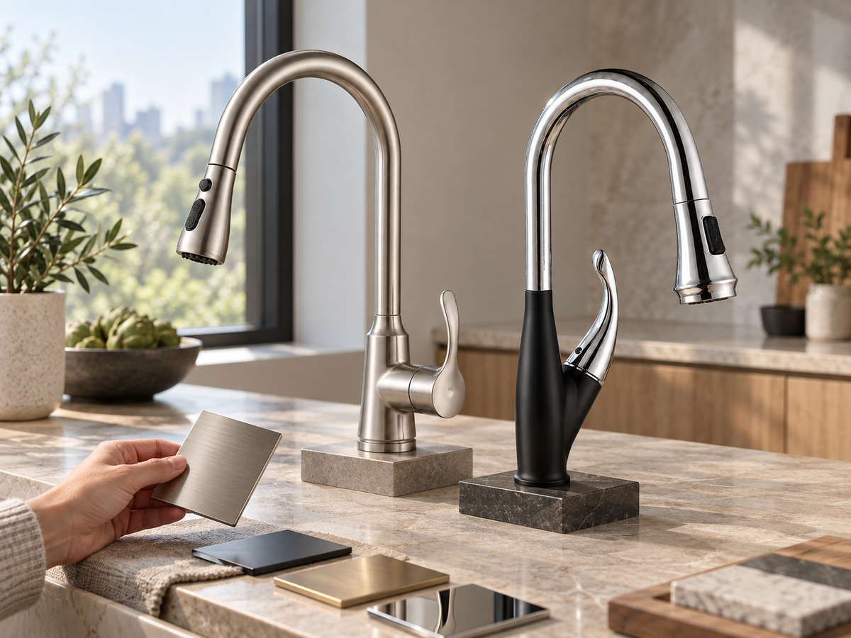 Brushed nickel and black-and-chrome kitchen faucet samples under the same light during finish selection.