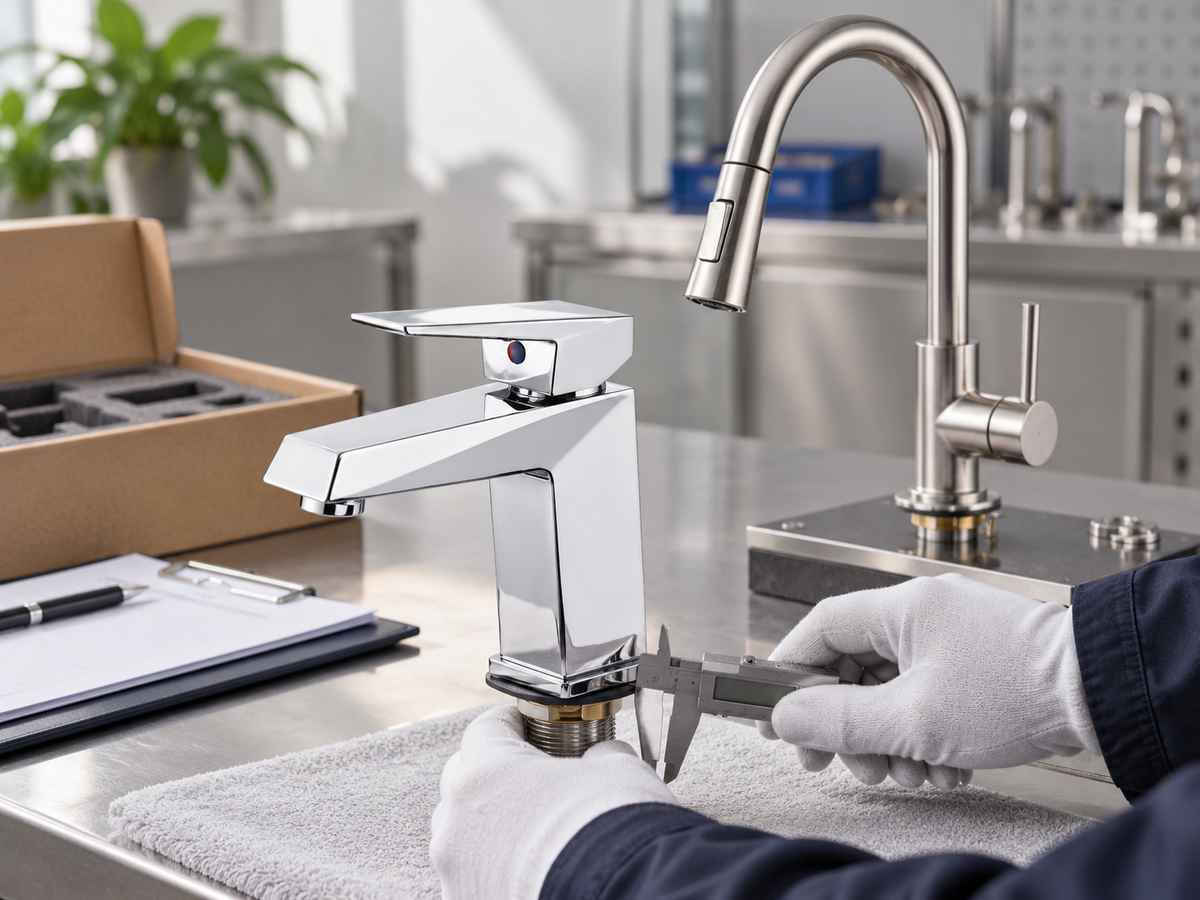 Inspector checking basin and kitchen faucet samples on a supplier qualification bench.