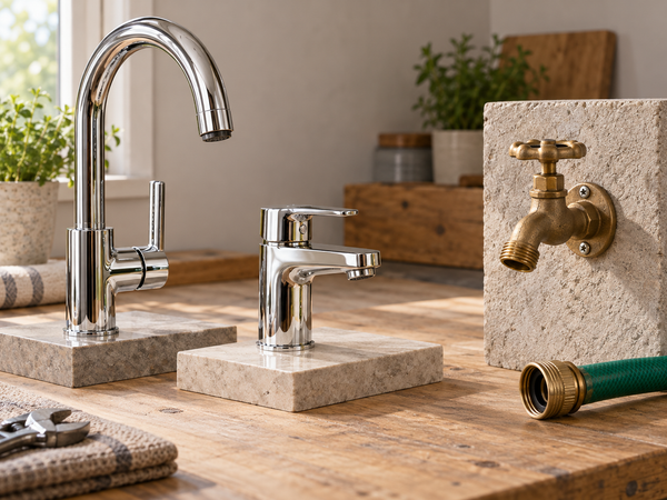 Indoor kitchen and basin faucets displayed beside an outdoor male-threaded hose bib and a separate garden-hose connector.