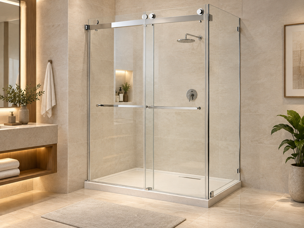 Complete frameless glass sliding shower enclosure with visible roller rail and handles in a quiet hotel bathroom.