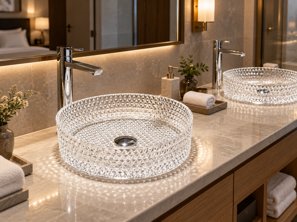 Clear diamond-cut glass vessel sinks with tall chrome faucets in a boutique hotel bathroom.