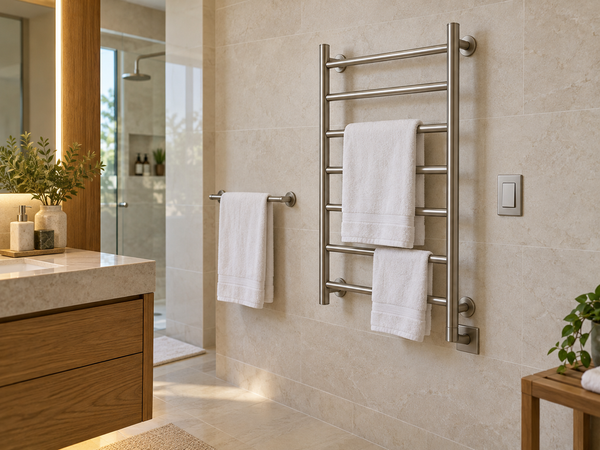 Hardwired ladder towel warmer beside a separate fixed towel bar in a hotel bathroom.