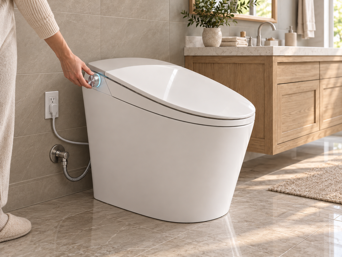 Using the side control dial of a compact smart toilet with a nearby power outlet and water supply connection.